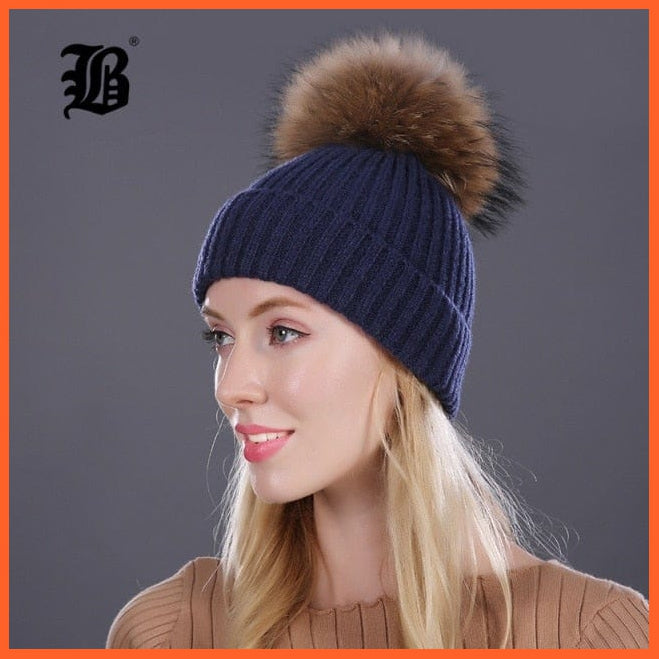 Women Winter Hats Real Mink Fur Pom Poms | Girls Hats Wool Knitted Beanies Cap Solid Colors Cap Female Causal Hats | whatagift.com.au.