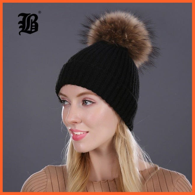 Women Winter Hats Real Mink Fur Pom Poms | Girls Hats Wool Knitted Beanies Cap Solid Colors Cap Female Causal Hats | whatagift.com.au.