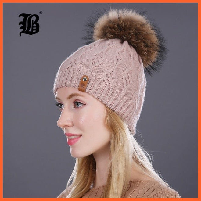 Winter Hats For Women | Pom Poms Real Mink Fur Wool Knitted Hat | Beanie New Thick Keep Warm Fashion Branded Hats | whatagift.com.au.