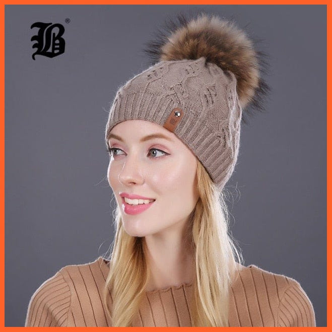 Winter Hats For Women | Pom Poms Real Mink Fur Wool Knitted Hat | Beanie New Thick Keep Warm Fashion Branded Hats | whatagift.com.au.