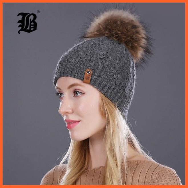Winter Hats For Women | Pom Poms Real Mink Fur Wool Knitted Hat | Beanie New Thick Keep Warm Fashion Branded Hats | whatagift.com.au.