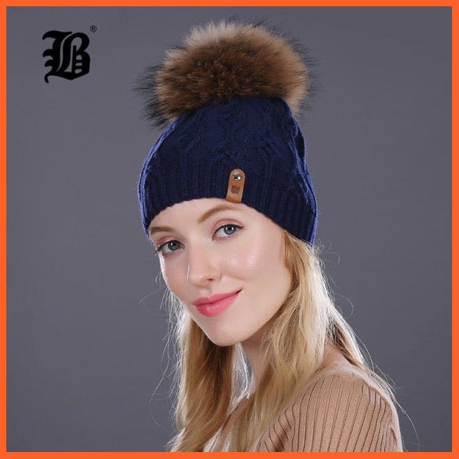 Winter Hats For Women | Pom Poms Real Mink Fur Wool Knitted Hat | Beanie New Thick Keep Warm Fashion Branded Hats | whatagift.com.au.