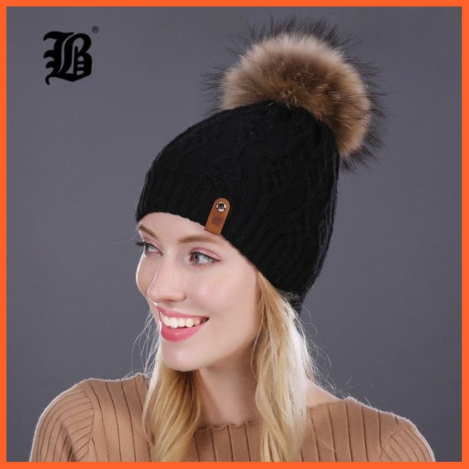 Winter Hats For Women | Pom Poms Real Mink Fur Wool Knitted Hat | Beanie New Thick Keep Warm Fashion Branded Hats | whatagift.com.au.