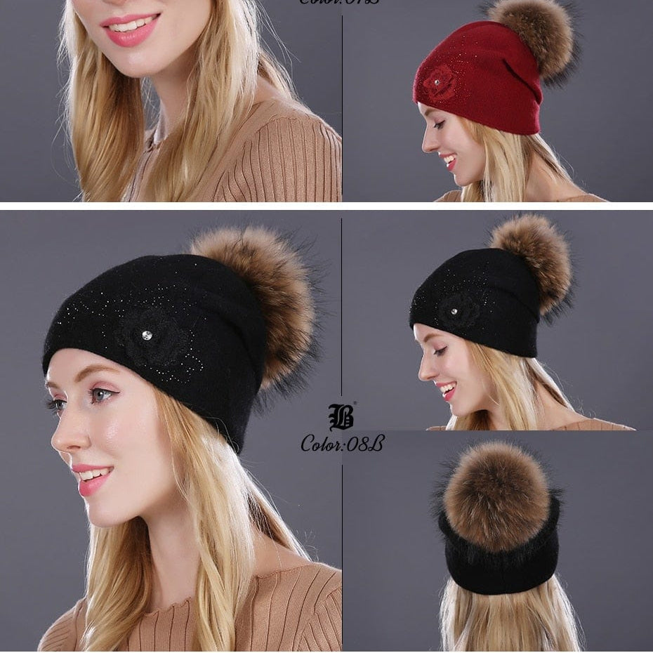Knitting Wool Hats Raccoon Fur Pom Pom Bobble Hats | Women Skullies Beanies Warm Autumn Cap Winter Hats | whatagift.com.au.