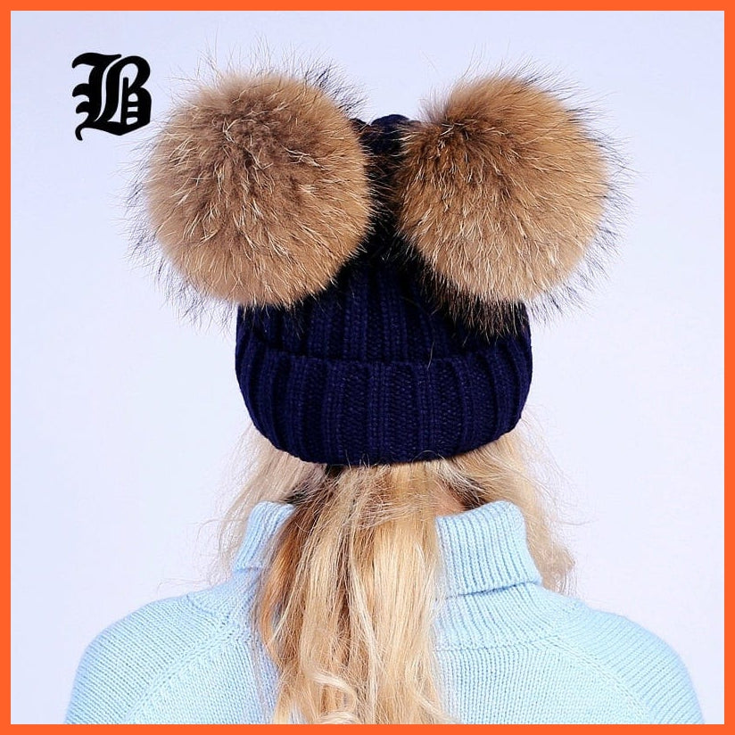 Mink Fur Ball Caps Pom Poms Winter Hat For Women | Girls Wool Hat Knitted Cotton Beanies Cap Brand New Thick Caps | whatagift.com.au.