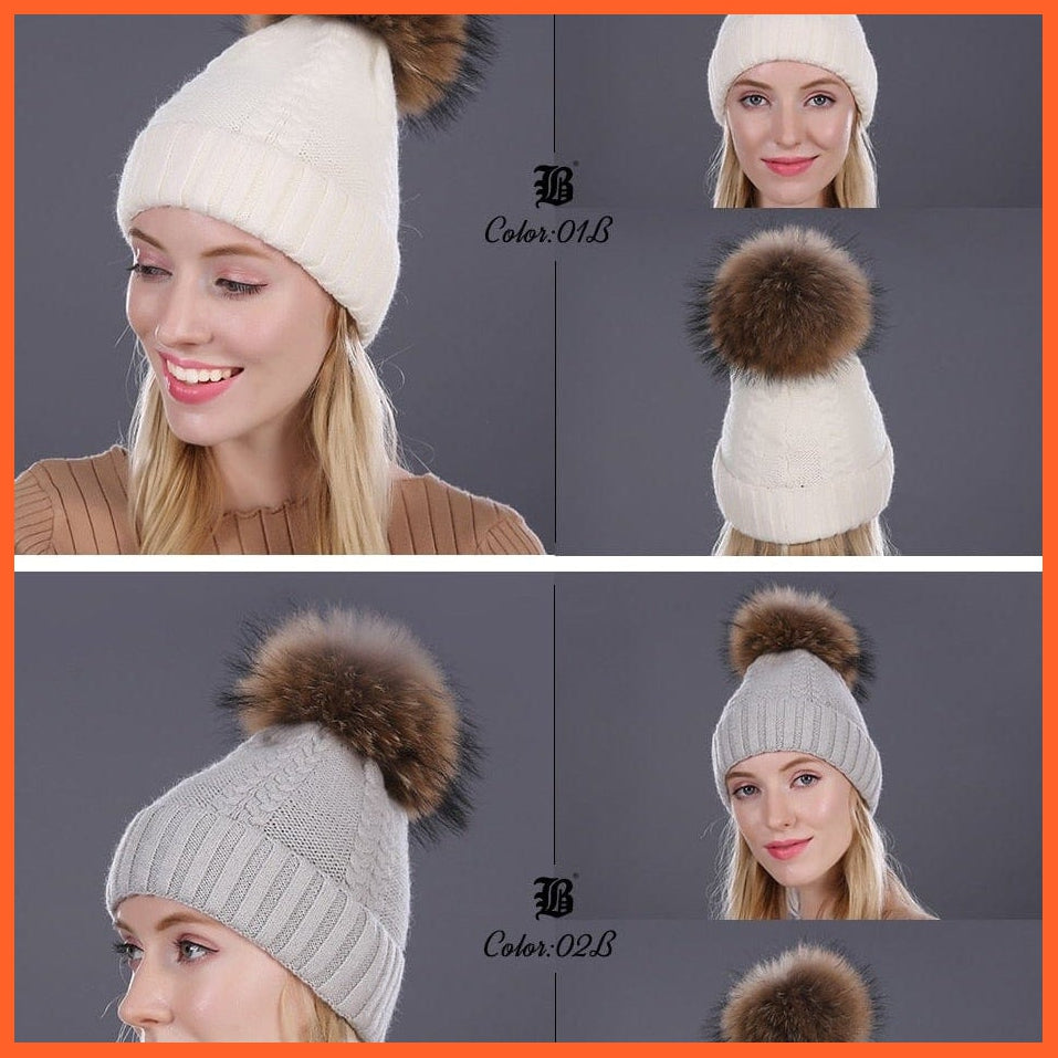 Real Mink Fur Pom Poms Winter Hat | Womens Knitted Wool Hats  Beanie  Brand New Thick Bonnet Caps | whatagift.com.au.