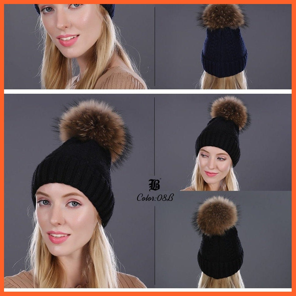 Real Mink Fur Pom Poms Winter Hat | Womens Knitted Wool Hats  Beanie  Brand New Thick Bonnet Caps | whatagift.com.au.