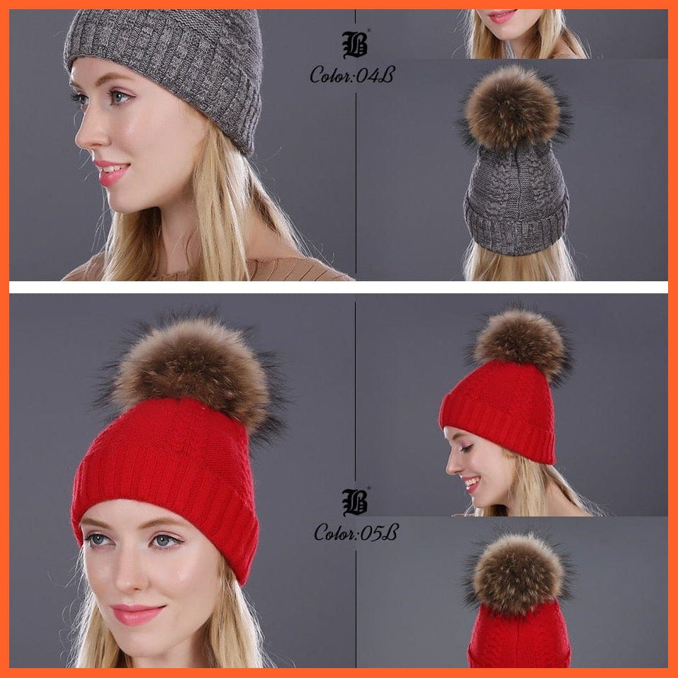 Real Mink Fur Pom Poms Winter Hat | Womens Knitted Wool Hats  Beanie  Brand New Thick Bonnet Caps | whatagift.com.au.