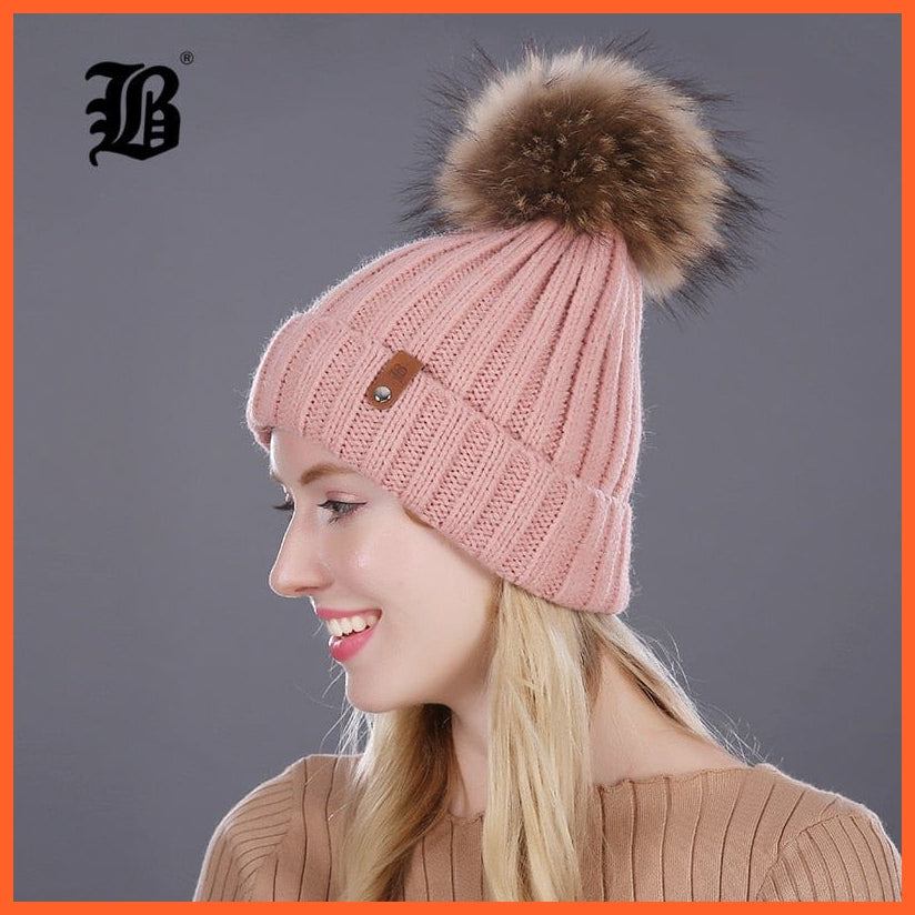 Winter Beanie Hats For Women | Girls Knitted Wool Beanies Cap Natural Raccoon Mink Fur Pom Poms Womens Hat | whatagift.com.au.