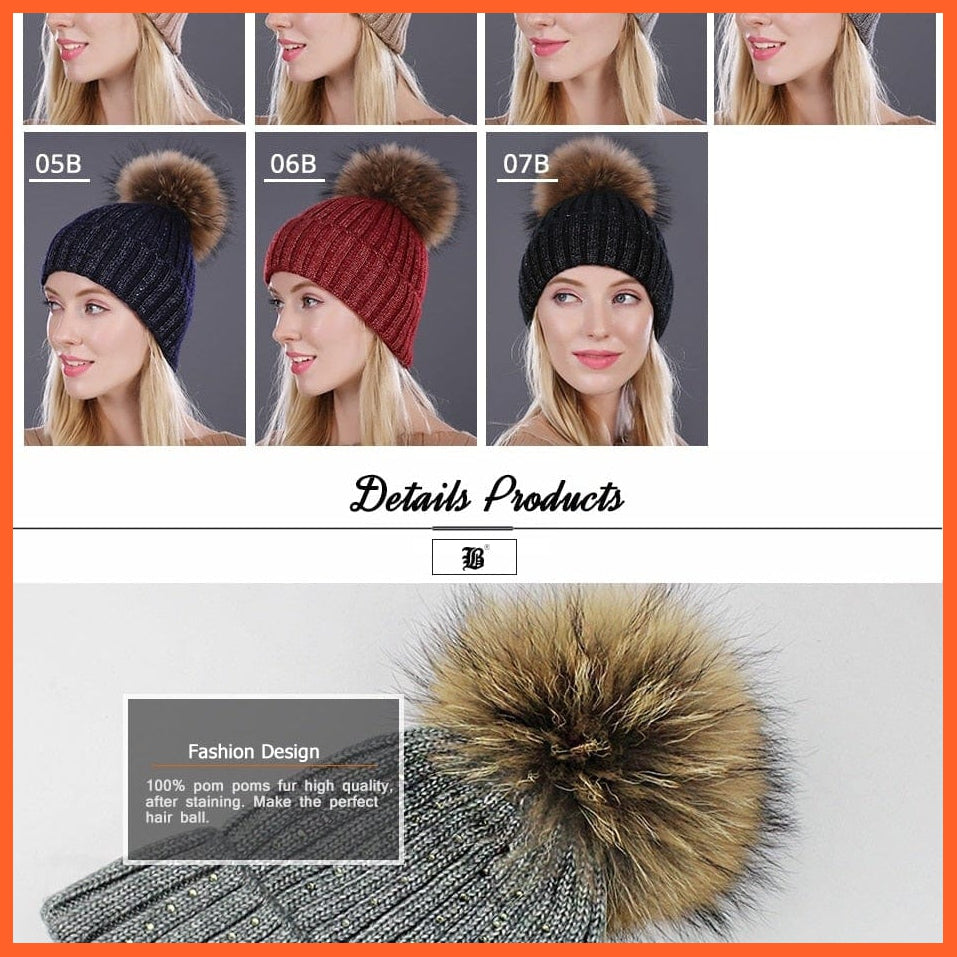 Winter Beanies Cap Girls Fur Pom Poms And Wool Knitted Rhinestone Hats | New Thick Skullies Beanie Hats For Women | whatagift.com.au.
