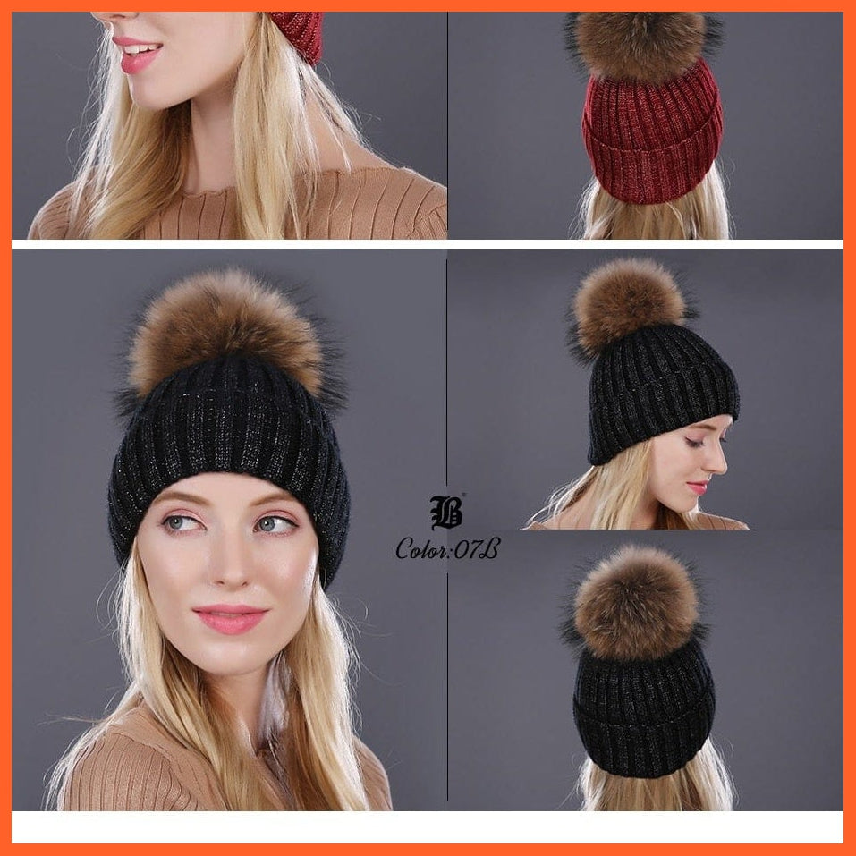 Winter Beanies Cap Girls Fur Pom Poms And Wool Knitted Rhinestone Hats | New Thick Skullies Beanie Hats For Women | whatagift.com.au.