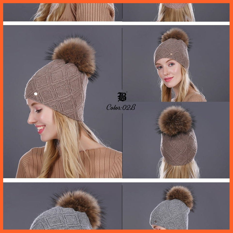 Winter Fur Beanies Cap Pompom Hat For Women | Cashmere Wool Cotton Hat Big Real Raccoon Fur Pom Poms Mink Fur Winter Hat | whatagift.com.au.