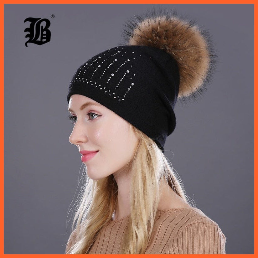 Winter Hat For Women | Rabbit Fur Wool Knitted Hat Beanies Real Mink Fur Pom Poms Rhinestone Skullies Girls Hats | whatagift.com.au.