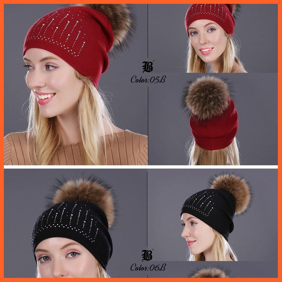 Winter Hat For Women | Rabbit Fur Wool Knitted Hat Beanies Real Mink Fur Pom Poms Rhinestone Skullies Girls Hats | whatagift.com.au.