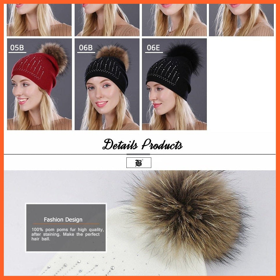 Winter Hat For Women | Rabbit Fur Wool Knitted Hat Beanies Real Mink Fur Pom Poms Rhinestone Skullies Girls Hats | whatagift.com.au.