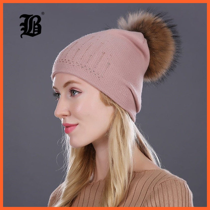 Winter Hat For Women | Rabbit Fur Wool Knitted Hat Beanies Real Mink Fur Pom Poms Rhinestone Skullies Girls Hats | whatagift.com.au.