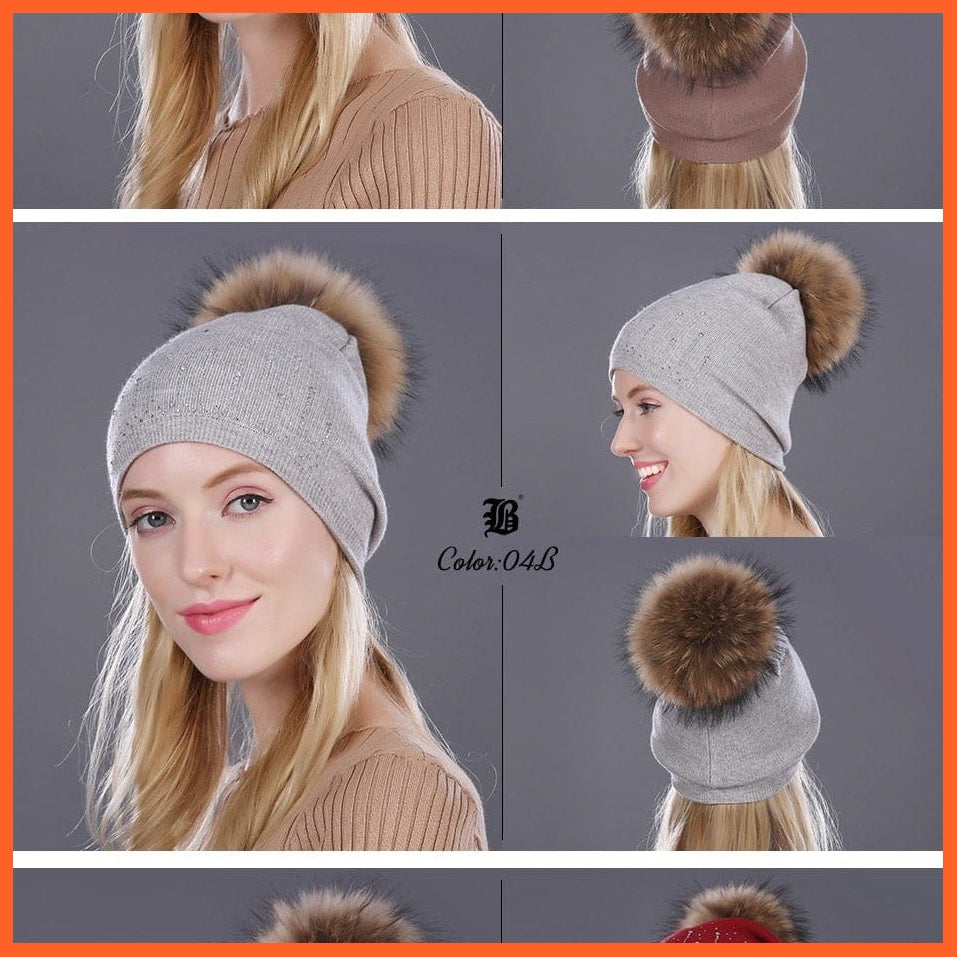 Winter Hat For Women | Rabbit Fur Wool Knitted Hat Beanies Real Mink Fur Pom Poms Rhinestone Skullies Girls Hats | whatagift.com.au.