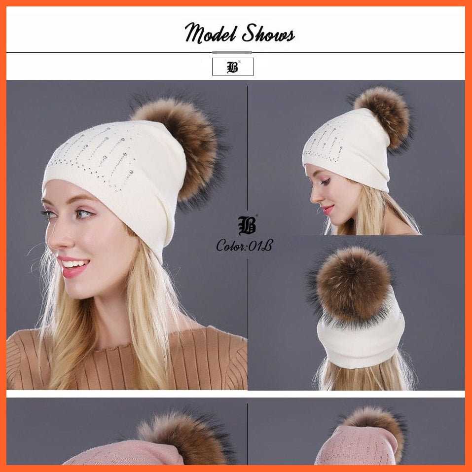 Winter Hat For Women | Rabbit Fur Wool Knitted Hat Beanies Real Mink Fur Pom Poms Rhinestone Skullies Girls Hats | whatagift.com.au.