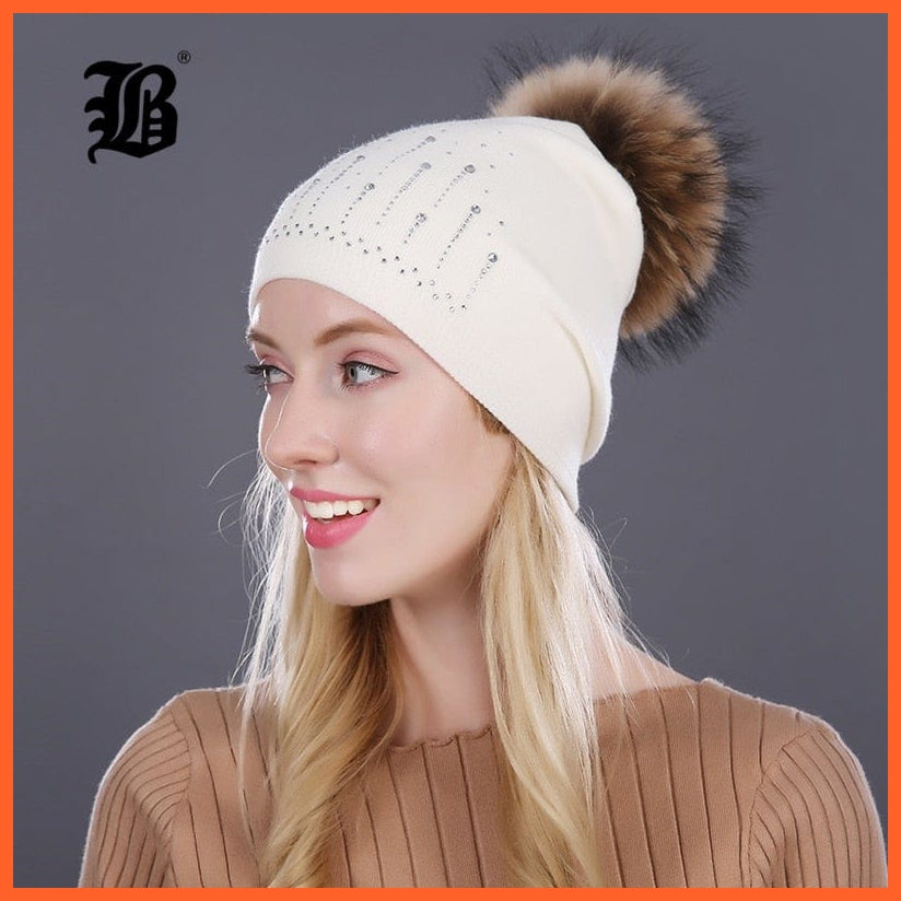 Winter Hat For Women | Rabbit Fur Wool Knitted Hat Beanies Real Mink Fur Pom Poms Rhinestone Skullies Girls Hats | whatagift.com.au.