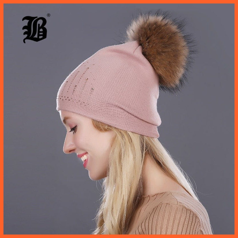 Winter Hat For Women | Rabbit Fur Wool Knitted Hat Beanies Real Mink Fur Pom Poms Rhinestone Skullies Girls Hats | whatagift.com.au.