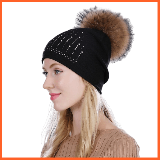 Winter Hat For Women | Rabbit Fur Wool Knitted Hat Beanies Real Mink Fur Pom Poms Rhinestone Skullies Girls Hats | whatagift.com.au.