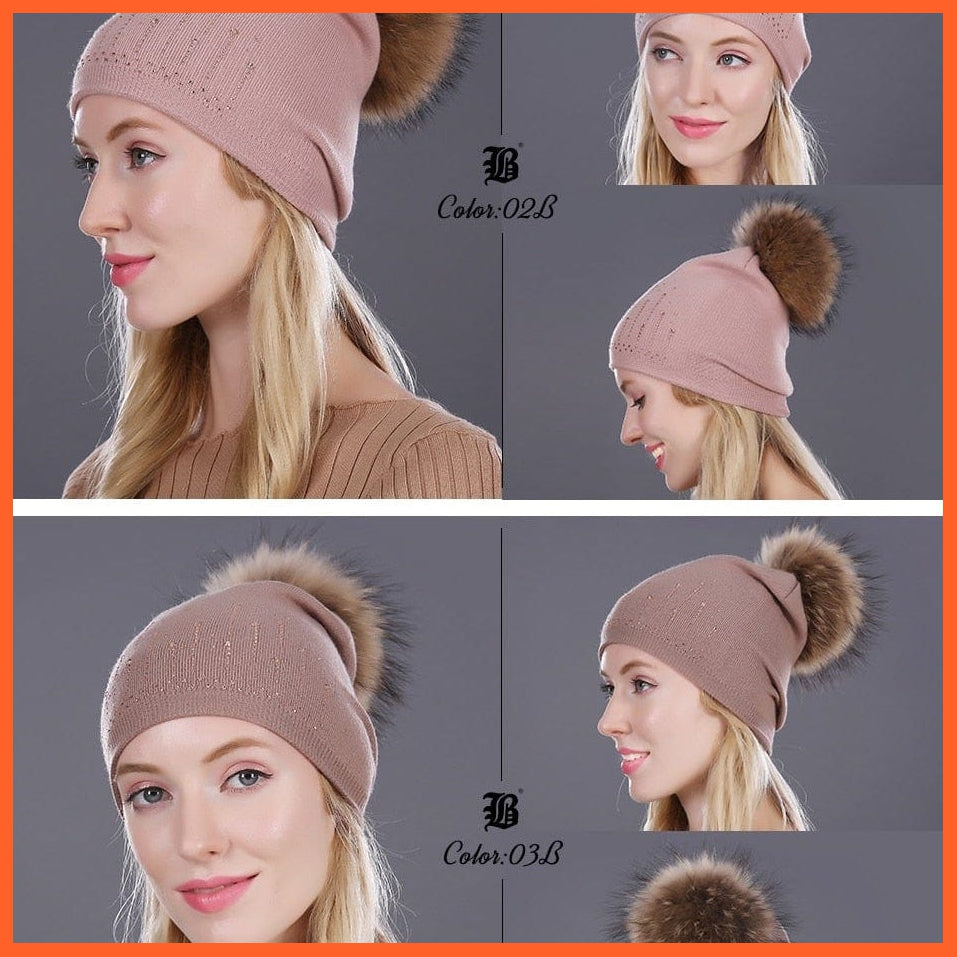 Winter Hat For Women | Rabbit Fur Wool Knitted Hat Beanies Real Mink Fur Pom Poms Rhinestone Skullies Girls Hats | whatagift.com.au.