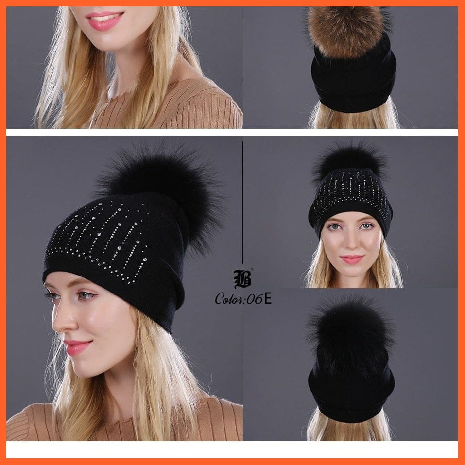 Winter Hat For Women | Rabbit Fur Wool Knitted Hat Beanies Real Mink Fur Pom Poms Rhinestone Skullies Girls Hats | whatagift.com.au.