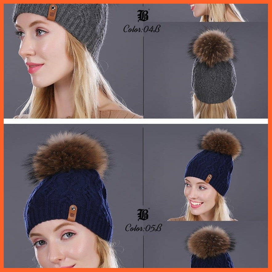 Winter Hats For Women | Pom Poms Real Mink Fur Wool Knitted Hat | Beanie New Thick Keep Warm Fashion Branded Hats | whatagift.com.au.