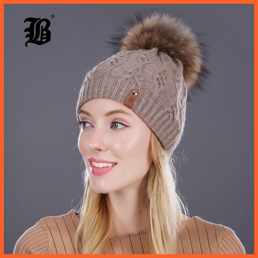Winter Hats For Women | Pom Poms Real Mink Fur Wool Knitted Hat | Beanie New Thick Keep Warm Fashion Branded Hats | whatagift.com.au.