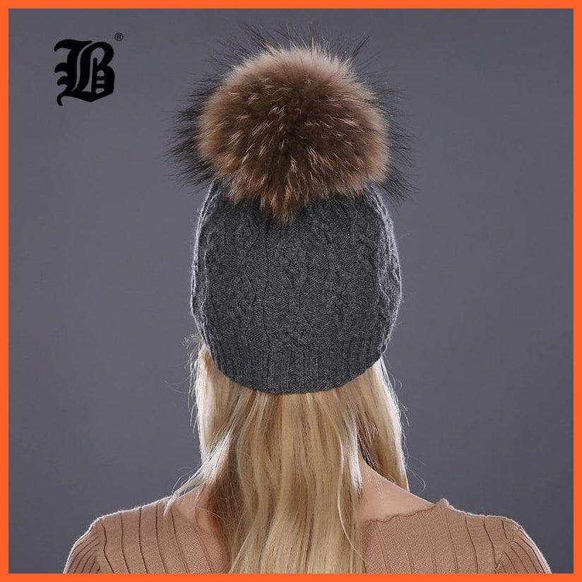Winter Hats For Women | Pom Poms Real Mink Fur Wool Knitted Hat | Beanie New Thick Keep Warm Fashion Branded Hats | whatagift.com.au.