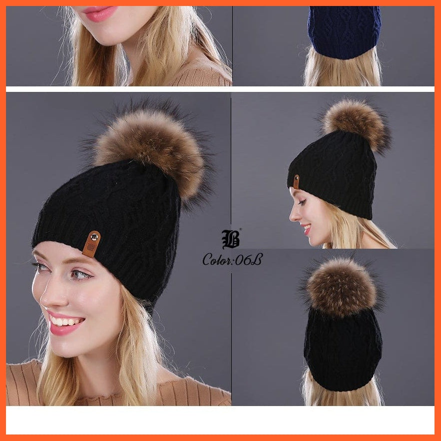 Winter Hats For Women | Pom Poms Real Mink Fur Wool Knitted Hat | Beanie New Thick Keep Warm Fashion Branded Hats | whatagift.com.au.