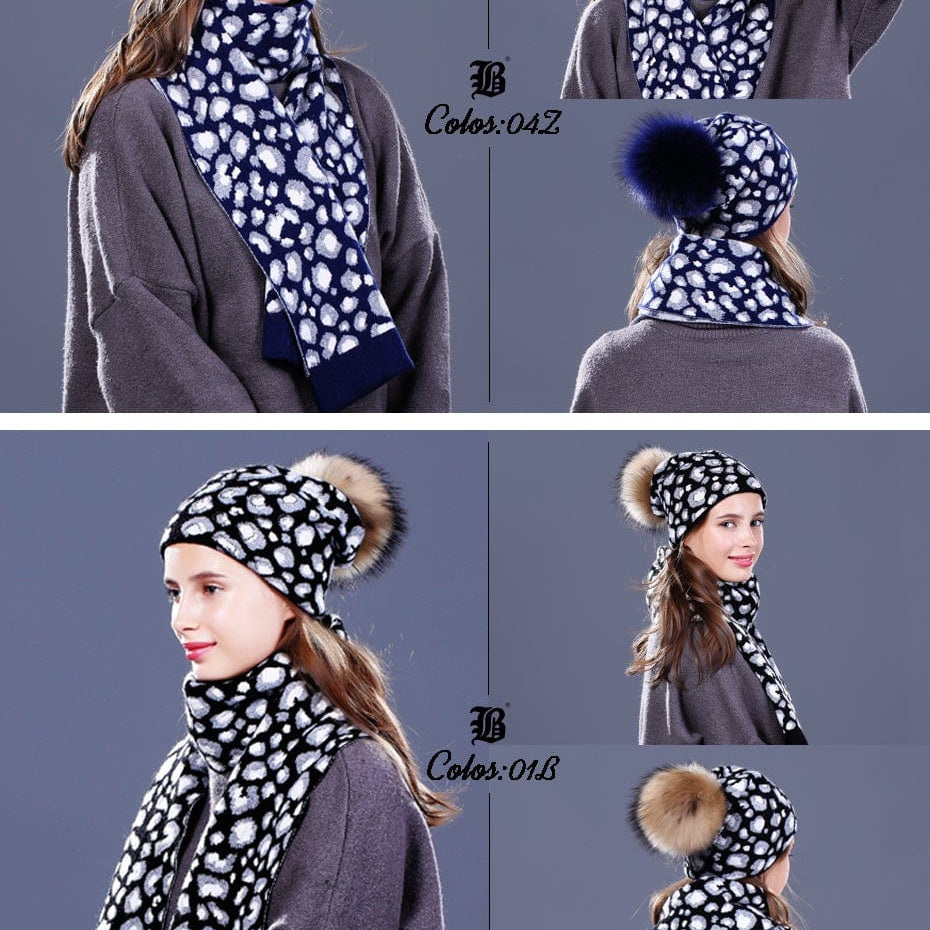 Woman Knit Beanie Hat And Scarf Set | Real Fox Fur Pompoms Hat High Quality Scarf For Winter Girls Women Hat Scarf Beanies | whatagift.com.au.