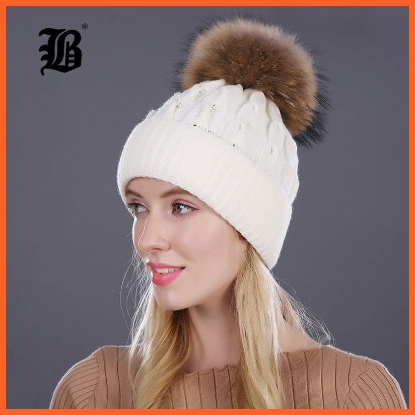 Women'S Winter Hat Knitted Wool Hats | Girls Winter Real Mink Fur Pom Poms Beanies Brand New Thick Female Caps | whatagift.com.au.