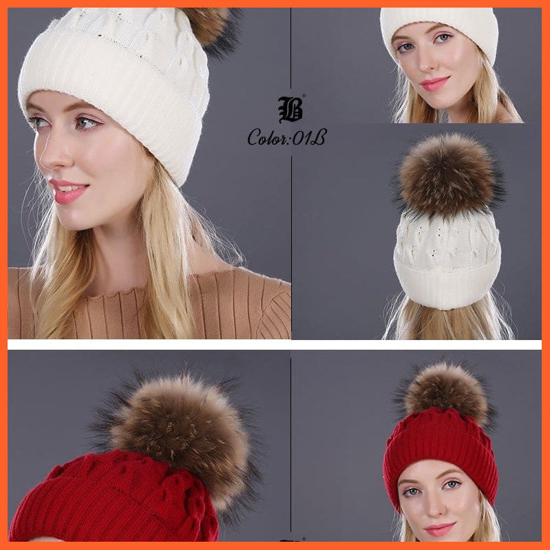 Women'S Winter Hat Knitted Wool Hats | Girls Winter Real Mink Fur Pom Poms Beanies Brand New Thick Female Caps | whatagift.com.au.