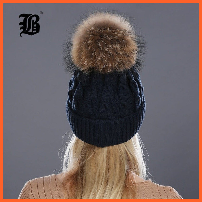 Women'S Winter Hat Knitted Wool Hats | Girls Winter Real Mink Fur Pom Poms Beanies Brand New Thick Female Caps | whatagift.com.au.