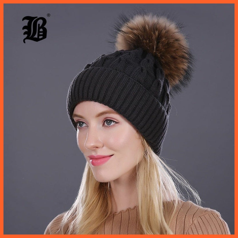 Women'S Winter Hat Knitted Wool Hats | Girls Winter Real Mink Fur Pom Poms Beanies Brand New Thick Female Caps | whatagift.com.au.