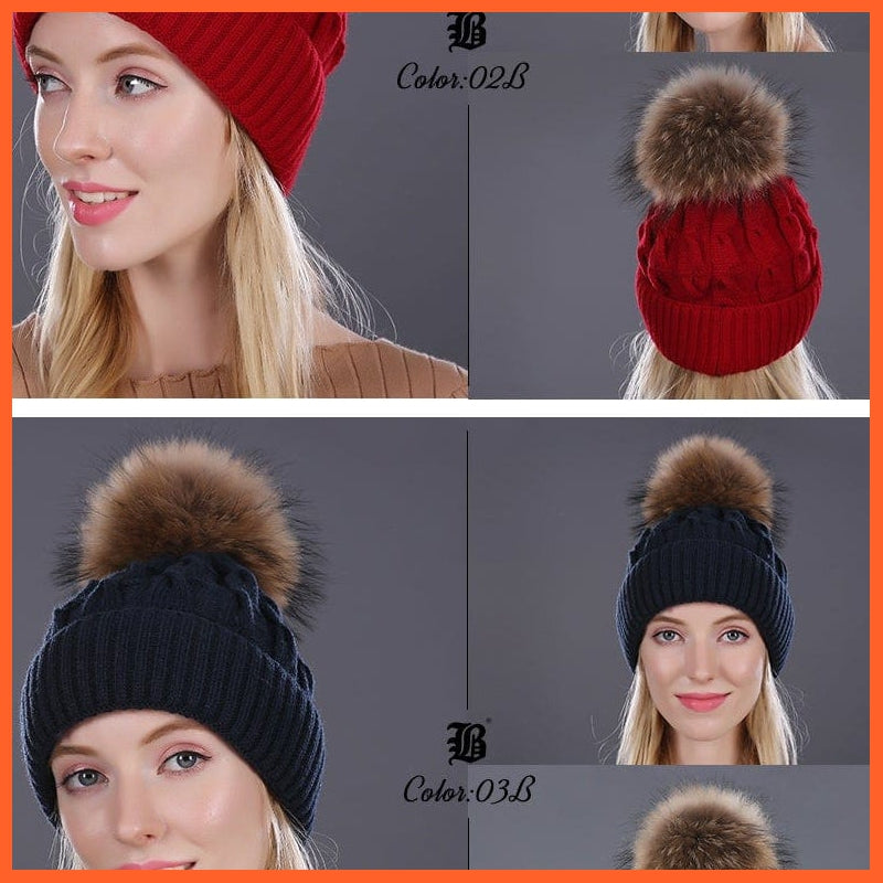 Women'S Winter Hat Knitted Wool Hats | Girls Winter Real Mink Fur Pom Poms Beanies Brand New Thick Female Caps | whatagift.com.au.