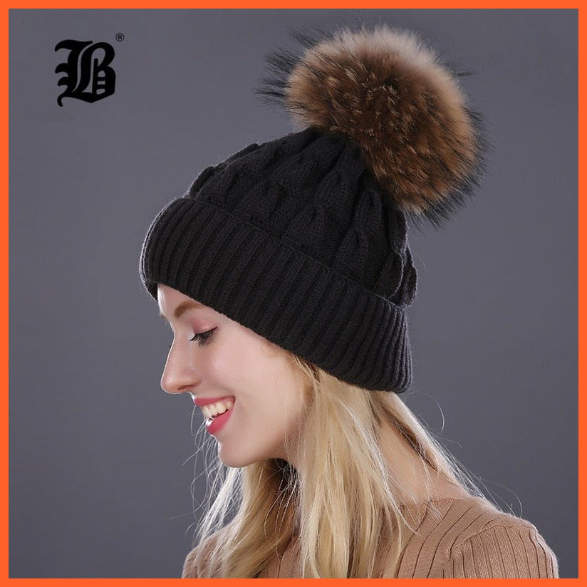 Women'S Winter Hat Knitted Wool Hats | Girls Winter Real Mink Fur Pom Poms Beanies Brand New Thick Female Caps | whatagift.com.au.
