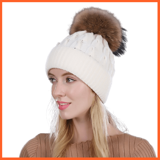 Women'S Winter Hat Knitted Wool Hats | Girls Winter Real Mink Fur Pom Poms Beanies Brand New Thick Female Caps | whatagift.com.au.