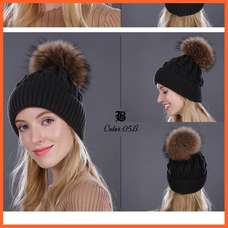 Women'S Winter Hat Knitted Wool Hats | Girls Winter Real Mink Fur Pom Poms Beanies Brand New Thick Female Caps | whatagift.com.au.