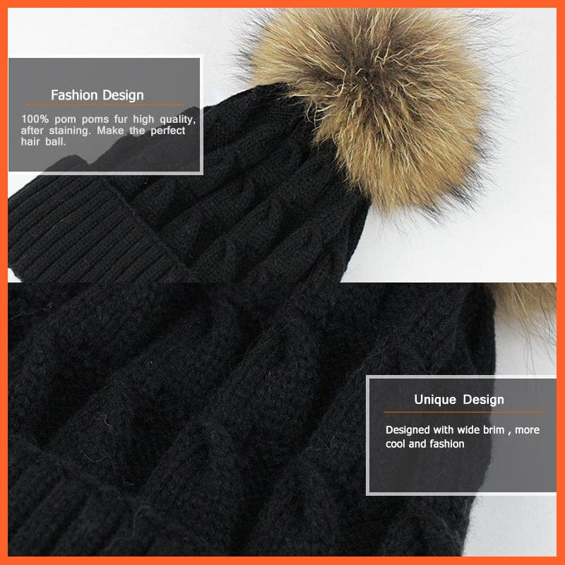 Women'S Winter Hat Knitted Wool Hats | Girls Winter Real Mink Fur Pom Poms Beanies Brand New Thick Female Caps | whatagift.com.au.