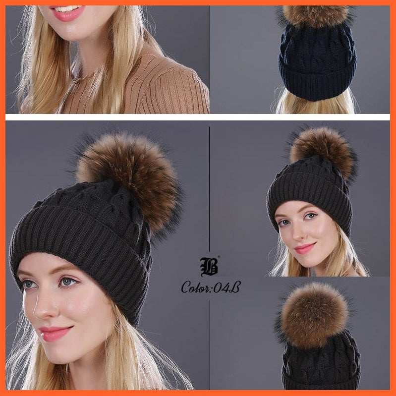 Women'S Winter Hat Knitted Wool Hats | Girls Winter Real Mink Fur Pom Poms Beanies Brand New Thick Female Caps | whatagift.com.au.