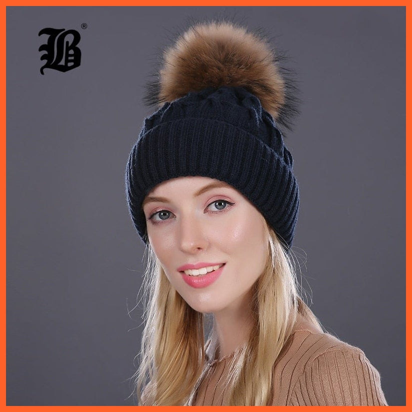 Women'S Winter Hat Knitted Wool Hats | Girls Winter Real Mink Fur Pom Poms Beanies Brand New Thick Female Caps | whatagift.com.au.