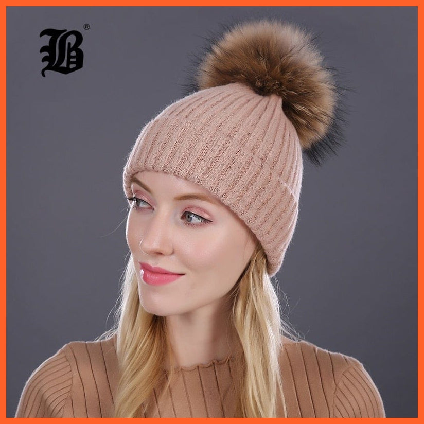 Women Winter Hats Real Mink Fur Pom Poms | Girls Hats Wool Knitted Beanies Cap Solid Colors Cap Female Causal Hats | whatagift.com.au.