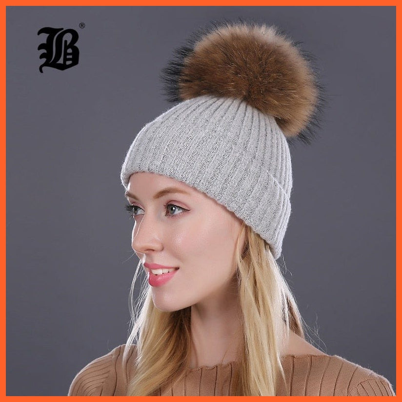 Women Winter Hats Real Mink Fur Pom Poms | Girls Hats Wool Knitted Beanies Cap Solid Colors Cap Female Causal Hats | whatagift.com.au.