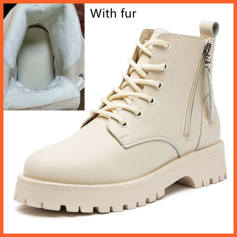 whatagift.com.au beige fur / 34 Genuine Leather Double Zipper Boots For Women