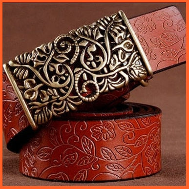 Vintage Women Leather Belt Genuine Cowskin Floral Curved Buckle Belts | whatagift.com.au.