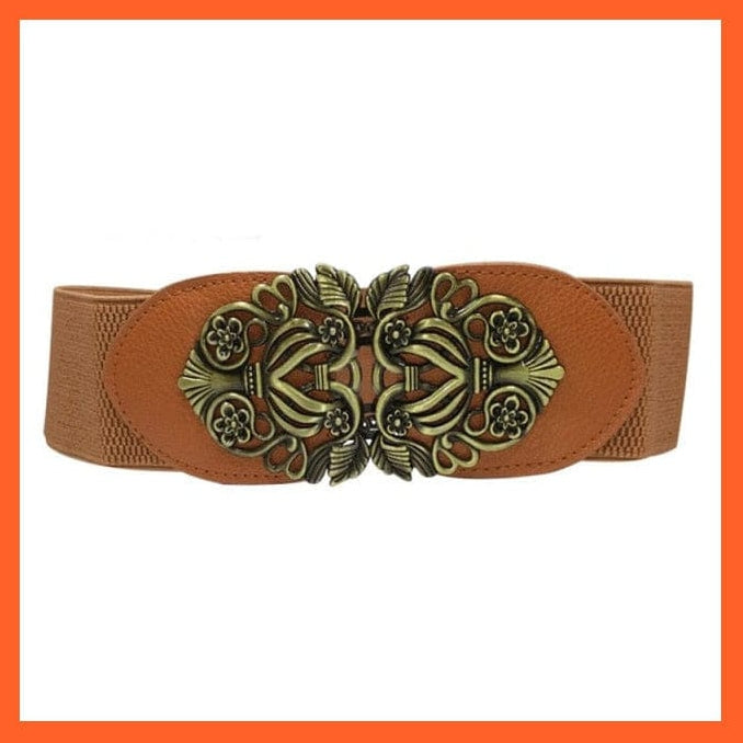 whatagift.com.au Belt Brown Bronze Women Elastic Wide Belt Thick Vintage Totem Print Stretch Leather Waist Belt