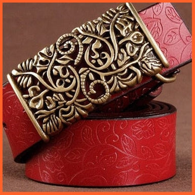 Vintage Women Leather Belt Genuine Cowskin Floral Curved Buckle Belts | whatagift.com.au.