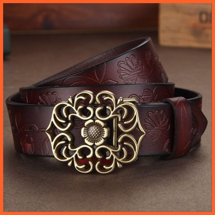 Vintage Women Leather Belt Genuine Cowskin Floral Curved Buckle Belts | whatagift.com.au.